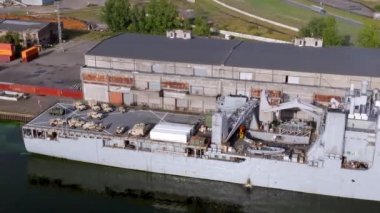 Riga, Latvia.August 23, 2022. Combat ships of NATO countries in the port of Riga during the exercises. Protecting Baltic states with NATO ships.Aerial view.