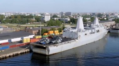 Riga, Latvia.August 23, 2022. Combat ships of NATO countries in the port of Riga during the exercises. Protecting Baltic states with NATO ships.Aerial view.