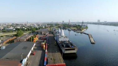 Riga, Latvia.August 23, 2022. Combat ships of NATO countries in the port of Riga during the exercises. Protecting Baltic states with NATO ships.Aerial view.