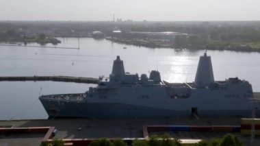 Riga, Latvia.August 23, 2022. Combat ships of NATO countries in the port of Riga during the exercises. Protecting Baltic states with NATO ships.Aerial view.