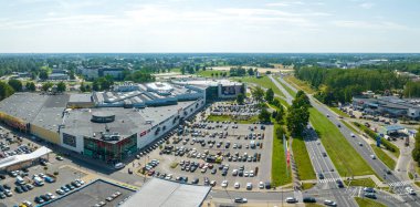 Aerial view of the shopping center SPICE in Riga, Latvia. Largest shopping mall in Latvia.