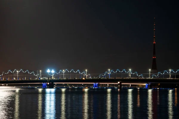 Night View Railway Bridge Riga River Daugava Latvia — Photo