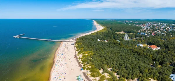 Aerial view of the beach and sea shore in Palanga, Lithuania. Beach town in Palanga.