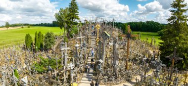 Aerial view of Hill of Crosses or KRYZIU KALNAS in Lithuania. It is a famous religious site of catholic pilgrimage in Lithuania