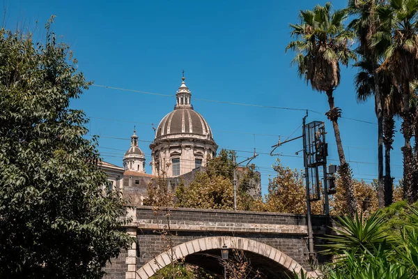 Bell Tower Catania Baroque Cathedral Saint Agata Blue Sky Background — Stock Photo, Image