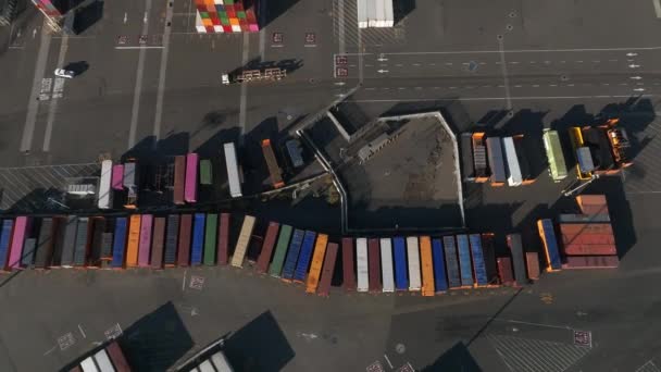 Logistics Transportation Container Cargo Ship Working Crane Bridge Shipyard Sunset — Stock Video
