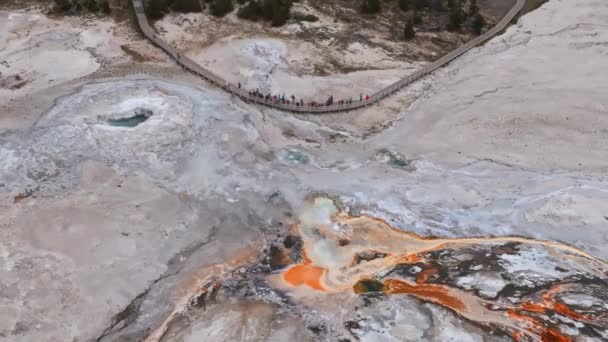 옐로스톤 공원의 캐슬게 옐로스톤 공원의 아름다운 간헐천을 공중에서 — 비디오