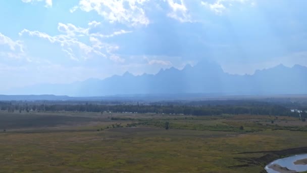 Panoramic Aerial View Grand Teton National Park Peaks Landscape Snake — Stock Video