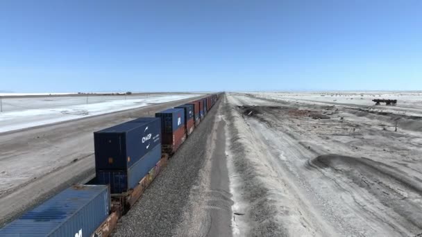 Aerial Video Shot Cargo Train Passing Trough Salt Lakes Desert — Stock Video