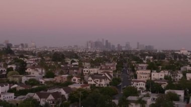 Arka planda palmiye ağacı ve şehir merkezi olan Los Angeles sıcak gün batımı manzarası. Kaliforniya, ABD teması - arka plan. Sanat videosu