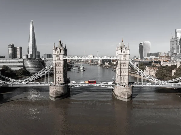 Beautiful Black White Photo London Tower Bridge Iconic Red Bus — Stock Photo, Image