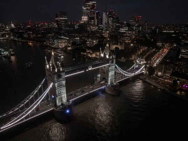 Vista Aérea Para Iluminada Tower Bridge Horizonte Londres Reino Unido — Fotografia de Stock