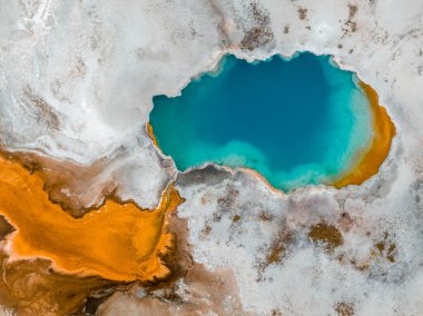 Sıcak su ve buharlı güzel gayzerler. Birleşik Devletler 'in Wyoming eyaletindeki Yellowstone Ulusal Parkı' nın Yukarı Gayzer Havzasında termofilik bakteri havuzları var..
