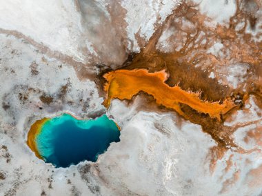 Sıcak su ve buharlı güzel gayzerler. Birleşik Devletler 'in Wyoming eyaletindeki Yellowstone Ulusal Parkı' nın Yukarı Gayzer Havzasında termofilik bakteri havuzları var..