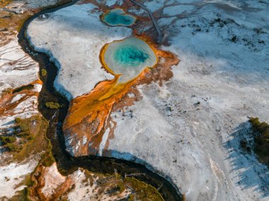 Sıcak su ve buharlı güzel gayzerler. Birleşik Devletler 'in Wyoming eyaletindeki Yellowstone Ulusal Parkı' nın Yukarı Gayzer Havzasında termofilik bakteri havuzları var..