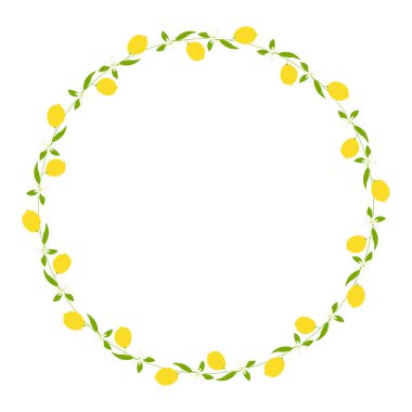 Meyveli, yapraklı ve çiçekli limon ağacı dalı, beyaz üzerine çiçekli yuvarlak vektör çerçevesi