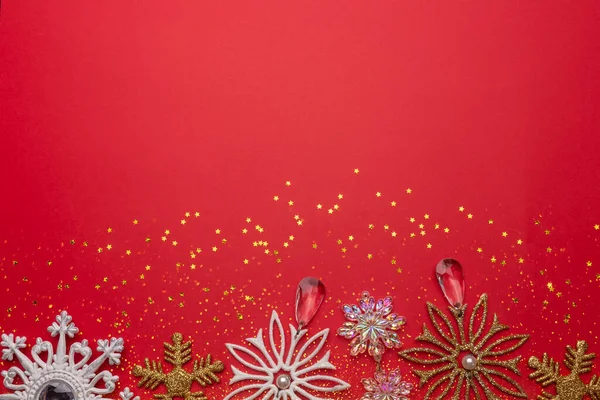 Різдвяний Фон Святковими Прикрасами Зірками Іграшками Сніжинки Святковий Фон Копійкою — стокове фото