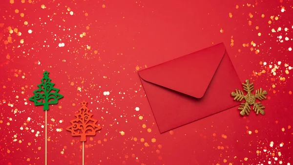 Festive Background Christmas Tree Toy Red Envelope Festive Background Copyspace — Stock Photo, Image
