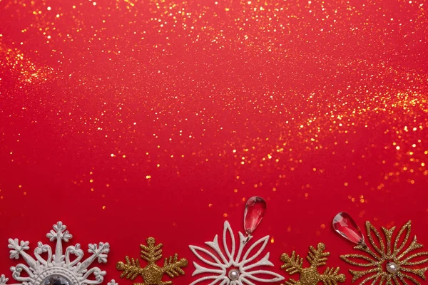 Різдвяний Фон Святковими Прикрасами Блискітками Іграшками Сніжинки Святковий Фон Копійкою — стокове фото