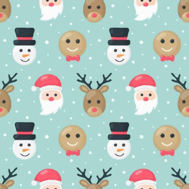 Zencefilli ekmek, Noel Baba, ren geyiği ve kar taneleri deseni parlak yeşil arka planda.