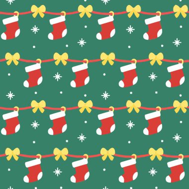 Yeşil arka planda Noel çorapları ve kar taneleri deseni