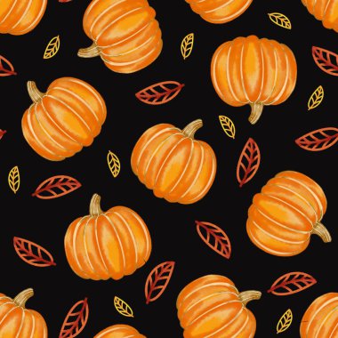 Balkabağının kusursuz deseni ve siyah arka planda yapraklar.