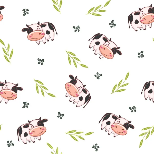 Seamless cow pattern with grass