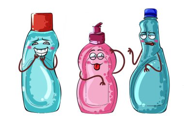 Beyaz arka planda deterjan şişesinin duyguları.