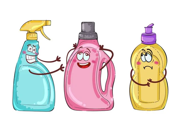Funny detergent bottles on a white background.