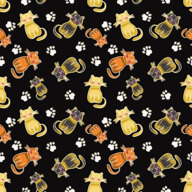 Siyah bir arka planda kusursuz kedi ve pençe deseni.