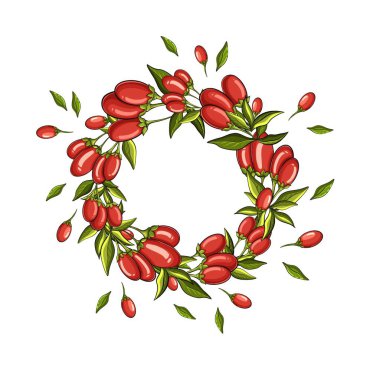 Beyaz arka planda izole edilmiş goji üzümü ve yapraklarından bir çelenk..