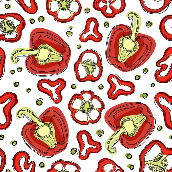 Seamless pattern sweet peppers halves with seeds