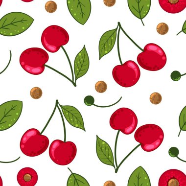 Yaprakları ve çukurları olan kusursuz kırmızı kiraz meyveleri.