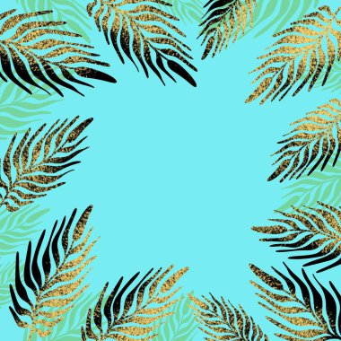 Mavi arka planda altın tropikal yapraklı desen