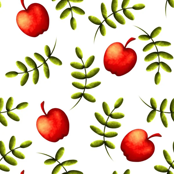 Modello senza cuciture di mele rosse con rami verdi — Foto Stock