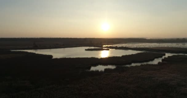 Pôr do sol do campo sobre o lago — Vídeo de Stock