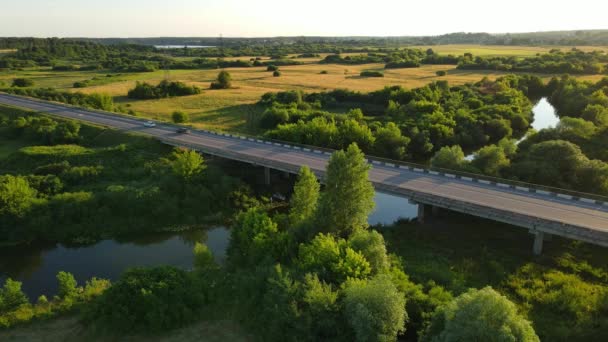 Eine Brücke Auf Der Autos Über Einen Breiten Fluss Fahren — Stockvideo