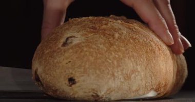 Kuru üzüm ve fındıklı bir somun taze ekmek. Taze hamur işleri.