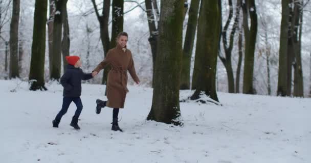 Η μαμά με ένα μικρό παιδί να παίζει σε ένα χιονισμένο πάρκο — Αρχείο Βίντεο