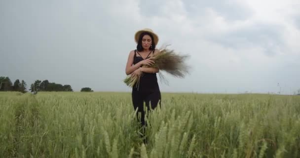 Κορίτσι σε ένα ψάθινο καπέλο περπατά σε ένα χωράφι με σιτάρι — Αρχείο Βίντεο