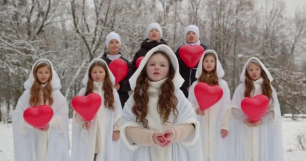 Eine Gruppe von Kindern singt im Winter ein Lied im Park — Stockvideo