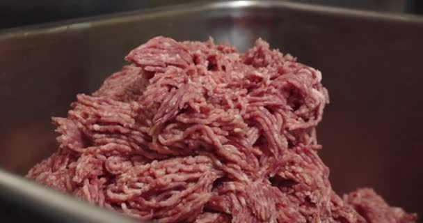 Twisted minced meat comes out of the meat grinder and falls into the container – Stock-video