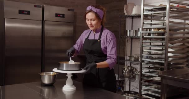 Confectioner decorates the cake. In the kitchen — Vídeo de Stock