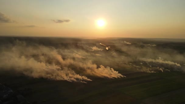 Tiro aéreo na Ucrânia ao pôr-do-sol, a queimar relva. Emissões para a atmosfera — Vídeo de Stock