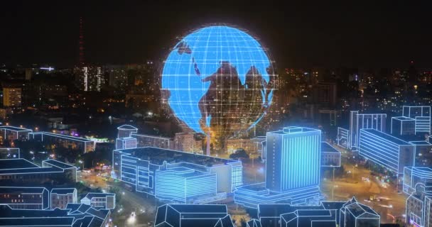 大都市の住宅の背景にある惑星のインフォグラフィック — ストック動画