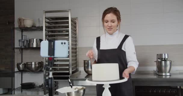 Um confeiteiro profissional realiza uma master class sobre decoração e confecção de sobremesas em uma confeitaria — Vídeo de Stock