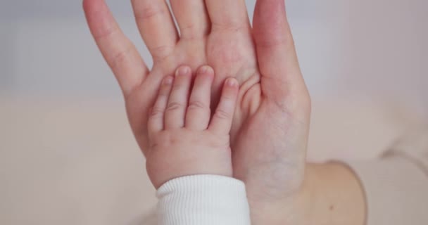 Nahaufnahme von Müttern, die ihr Baby an der Hand halten, Finger berühren, sich um das Neugeborene kümmern, die mütterliche Bindung zum Baby genießen — Stockvideo