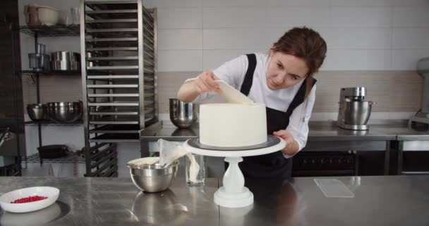 Un pastelero profesional aplica uniformemente crema al pastel navideño con una espátula especial para pasteles — Vídeos de Stock