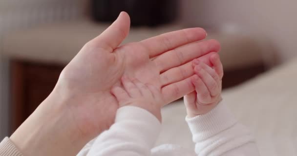 Primer plano de las manos de un bebé recién nacido sosteniendo la mano de las madres. — Vídeo de stock