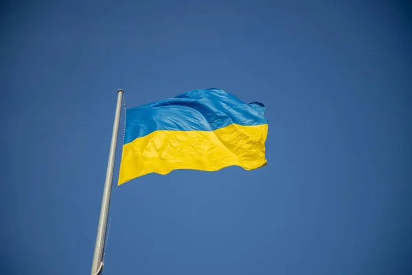 Mavi gökyüzünün arka planında Ukrayna bayrağı